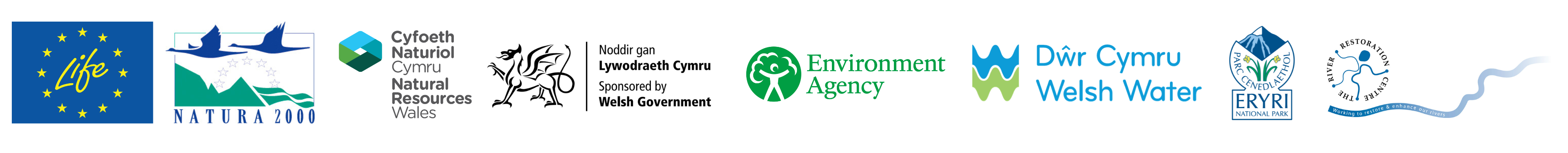Logos LIFE, Natura 2000, CNC, Llywodraeth Cymru, Asiantaeth yr Amgylchedd, Dwr Cymru, Parc Cenedlaethol Eryri, a River Restoration Centre