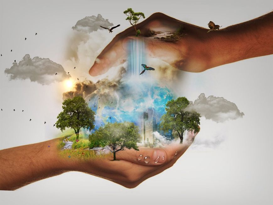 Image representing sustainability.  Hands cradling the natural world