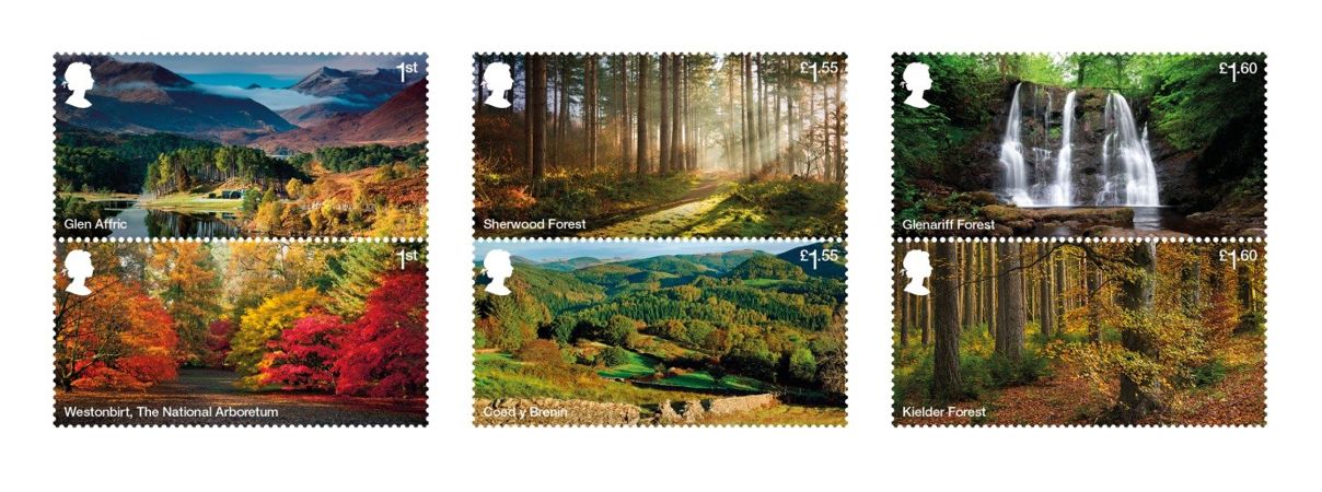 An image of six stamps, each with a photo of a different forests across the UK An image of six stamps, each with a photo of a different forests across the UK