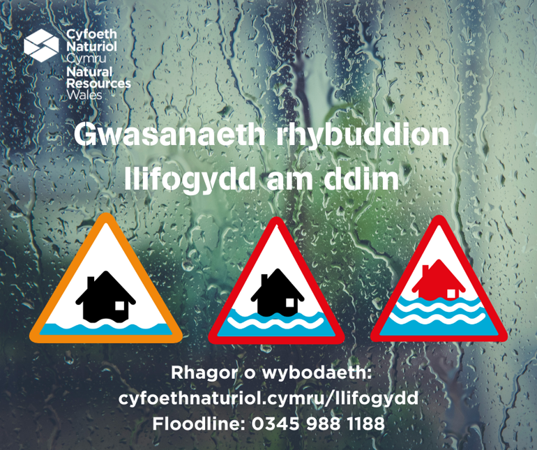 Llun yn dangos a tri symbol am llifogydd byddwch yn barod, rhybudd llifogydd a rhybudd llifogydd difrifol Llun yn dangos a tri symbol am llifogydd byddwch yn barod, rhybudd llifogydd a rhybudd llifogydd difrifol