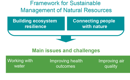 Infographic displaying how the themes in South Central Area statement connect with the framework for sustainable management of natural resources and the main issues and challenges it comes with.