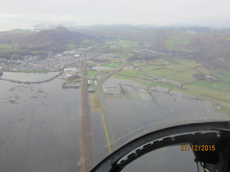 View of flooding in Porthmadog from helicopter View of flooding in Porthmadog from helicopter