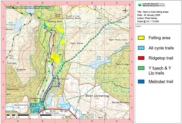 Bwlch Nant yr Arian tree felling area map