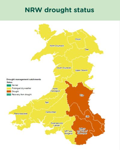Coloured map showing drought status for different parts of Wales