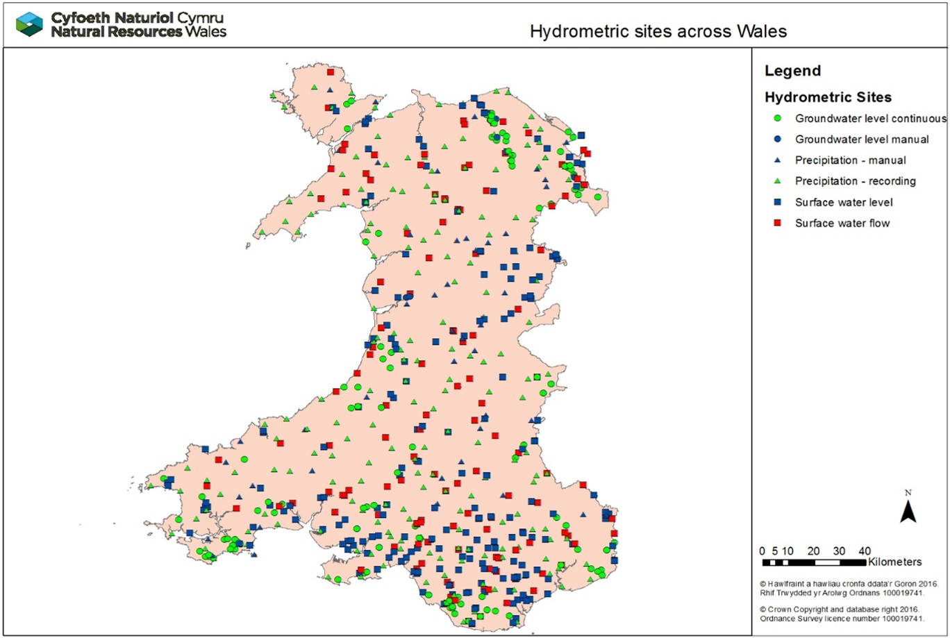 Map of hydrometric sites across Wales, all types scattered throughout the country.