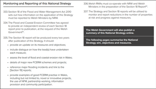 Darn o Strategaeth Genedlaethol Llywodraeth Cymru ar Reoli Perygl Llifogydd ac Erydu Arfordirol yn manylu ar sut y dylid monitro'r strategaeth.