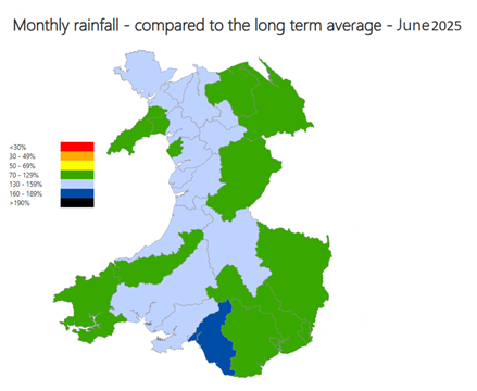 Monthly rainfall compared to long term average June 2025