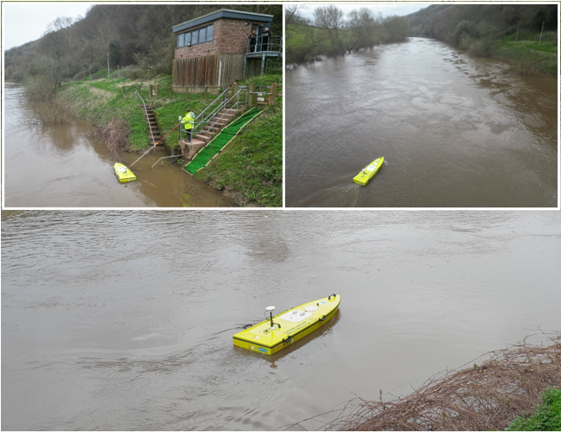 Three photos of a small yellow remote controlled boat on a wide river