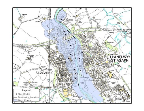 Map 1 - Flood extents, flow routes and overtopping locations