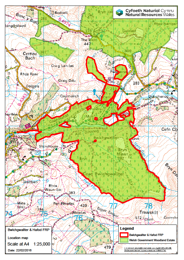 Bwlchgwallter and Hafod area map