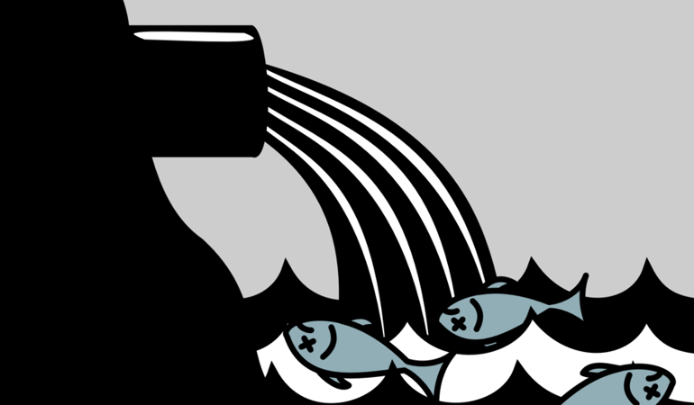 Drawing of a pipe discharging water into the sea pouring onto three fish Drawing of a pipe discharging water into the sea pouring onto three fish