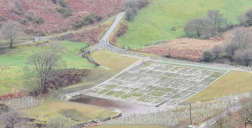 Photo of the completed flood storage embankment spanning across the valley floor, with hundreds of newly planted young trees in the foreground
