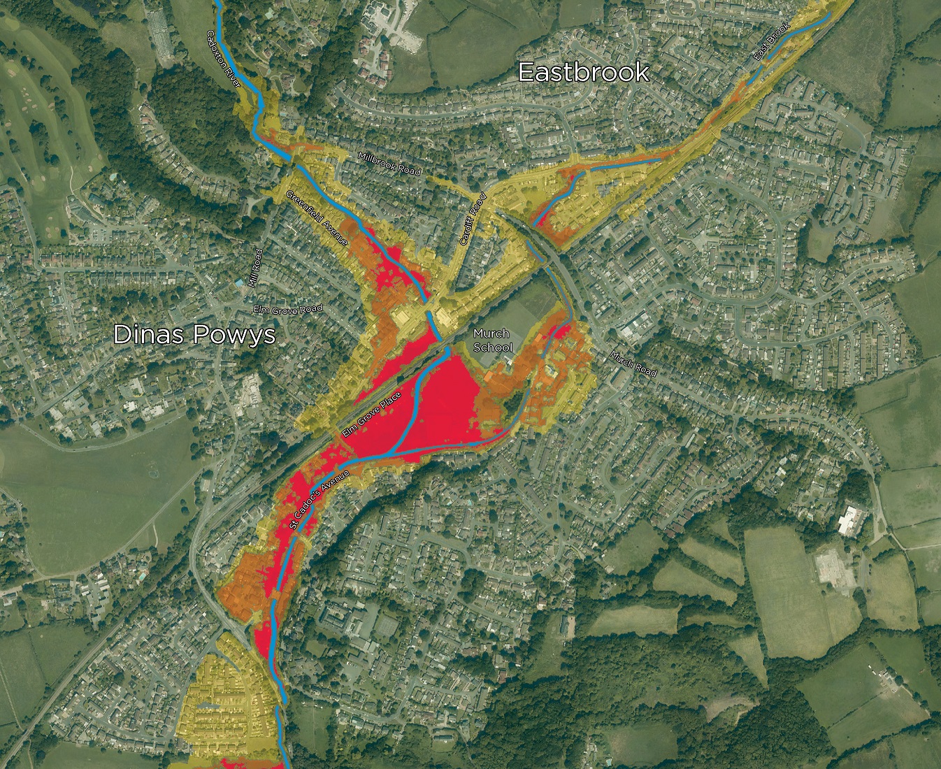 Map o Ddinas Powys gyda ardaloedd wedi'u lliwio i ddangos y lefel gwahanol o risg llifogydd