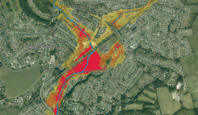 A map of Dinas Powys with coloured areas showing the differenct levels of flood risk
