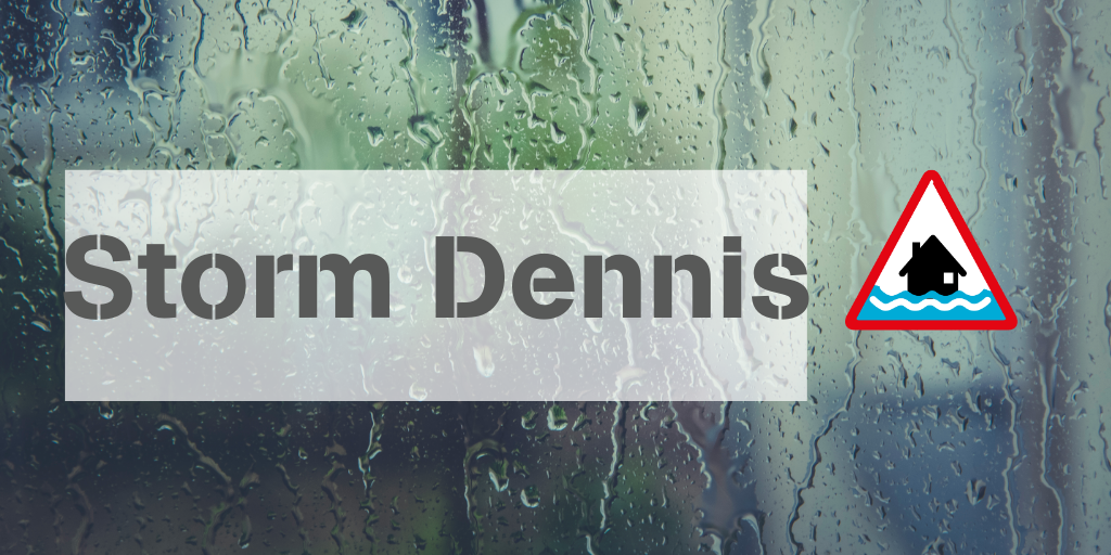 Llun o law ar ffenestr gyda'r testun Storm Dennis