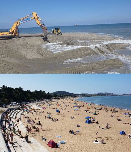 Before image showing vehicles pumping in and moving sand as a part of a beach nourishment programme in Colwyn Bay and after image showing the finished waterfront development with people enjoying the wider beach as a result of beach nourishment as well as the more traditional seawall behind.