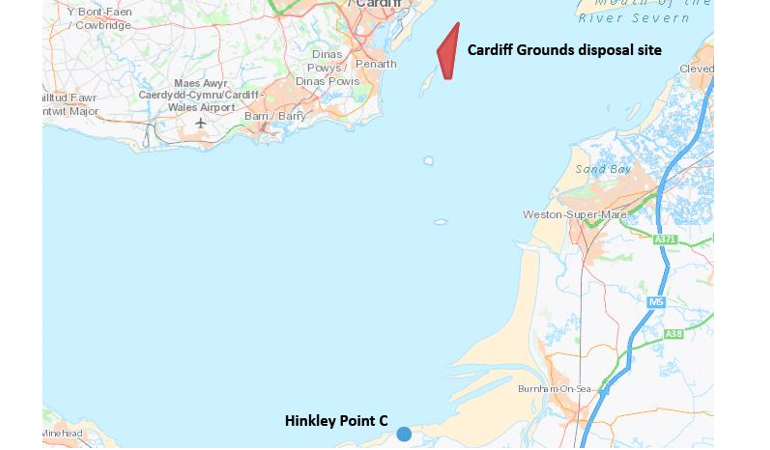 Map o dde Cymru a Gwlad yr Haf i ddangos lleoliad safle gwaredu Cardiff Grounds yn Aber Afon Hafren Map o dde Cymru a Gwlad yr Haf i ddangos lleoliad safle gwaredu Cardiff Grounds yn Aber Afon Hafren