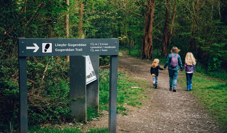 A woman and two children on a walking trail at Gogerddan Wood