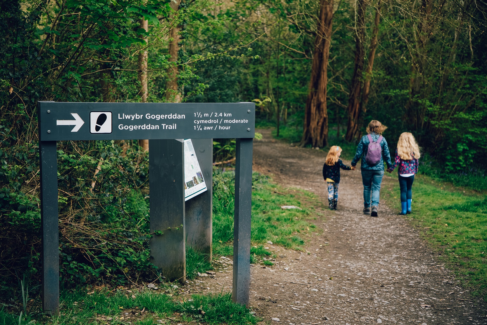 A woman and two children on a walking trail at Gogerddan Wood