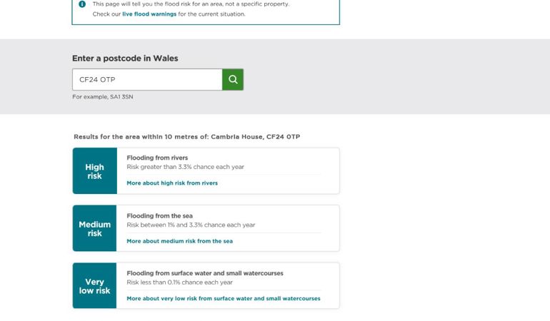 Image of the Check your flood risk webpage Image of the Check your flood risk webpage