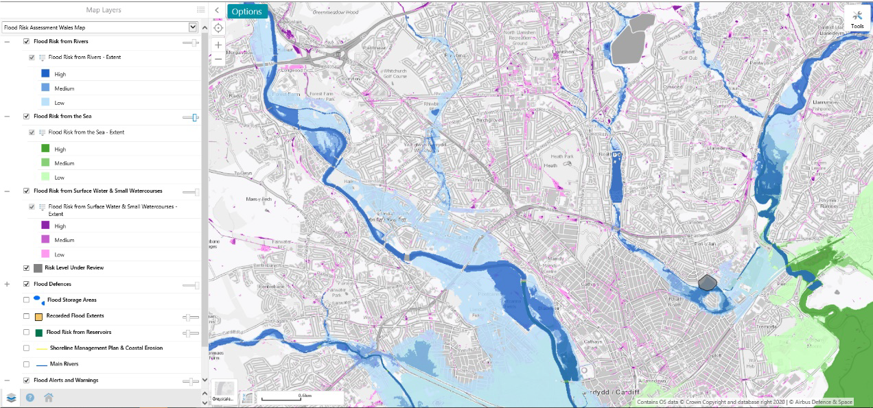 Natural Resources Wales Flood Risk Management Annual Report 2020 2021   Screenshot Map To Show What The Flood Risk Assessment Wales Fraw Map Looks Like For An Area Of Cardiff 