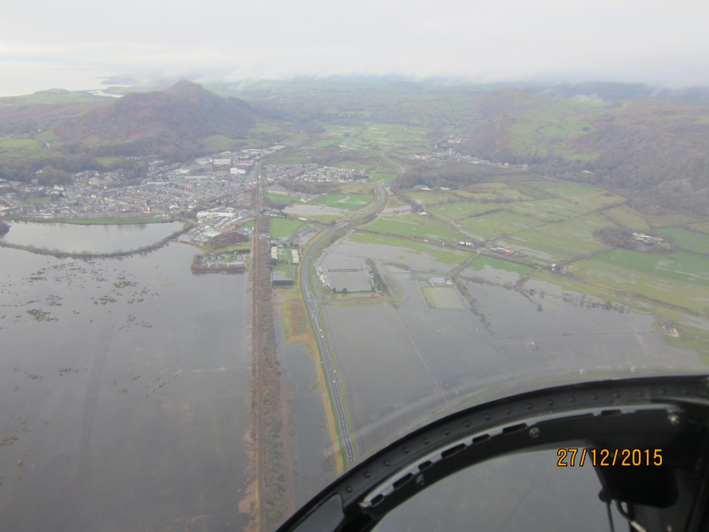 View of flooding in Porthmadog from helicopter