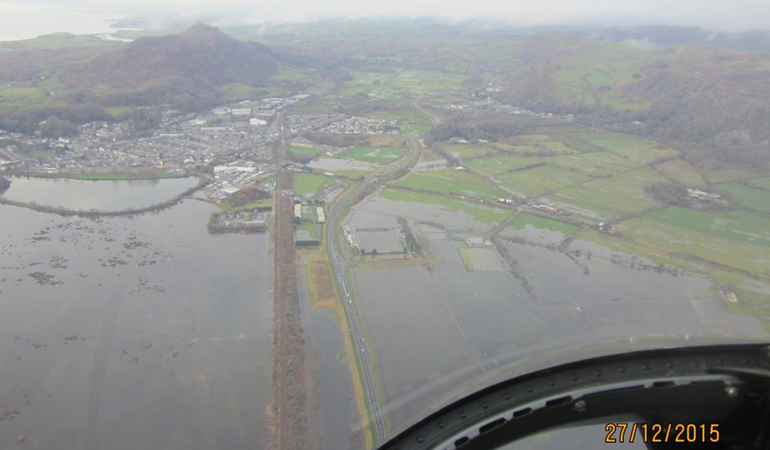 View of flooding in Porthmadog from helicopter