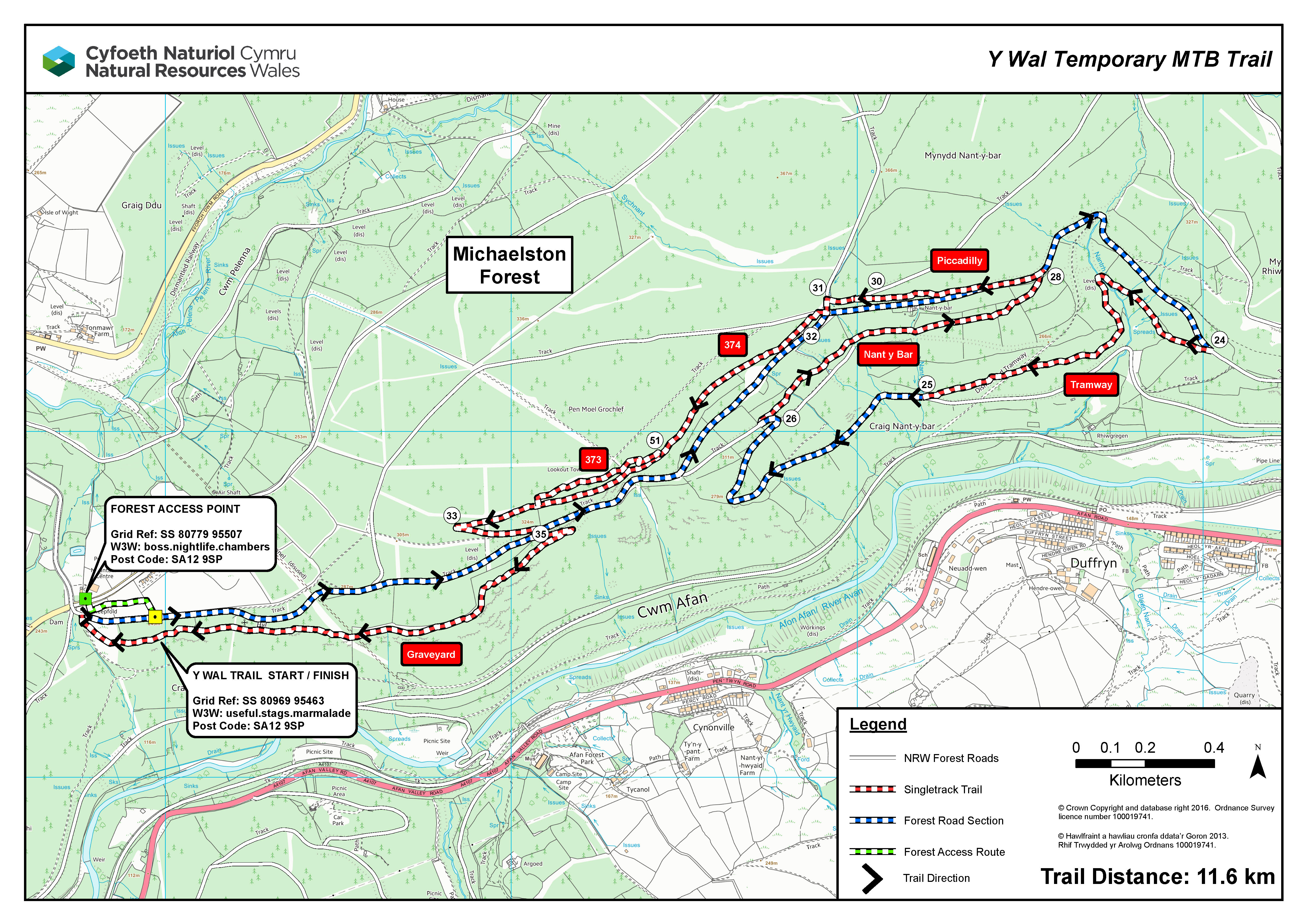 Map of Temporary Y Wal mountain bike trail