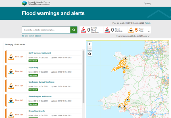 Screenshot of flood warning and alerts