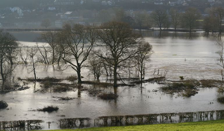Low-lying land and fields flooded
