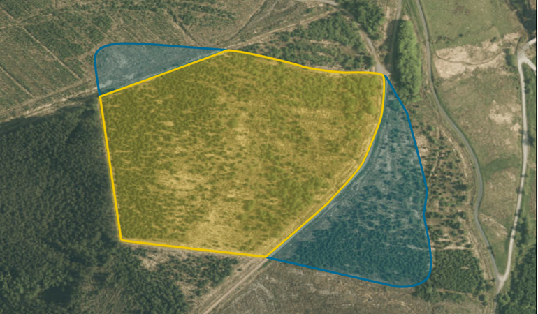 Aerial image of the camp with the boundary highlighted to show the outline. Different shade of highlight shows the areas protected, and those that cannot be protected