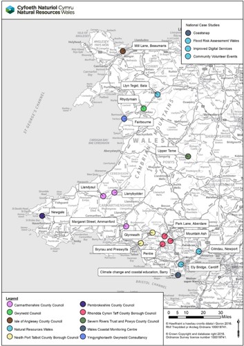 Map of Wales showing projects and case studies delivered in this reporting period.