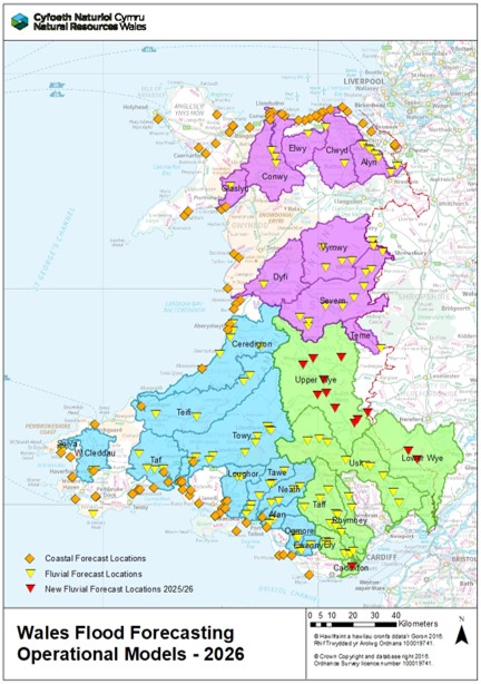 Map of Wales showing forecast locations. Orange are coastal locations, existing yellow are scattered across Wales, red are new locations - mostly along the Wye, one near Cardiff.
