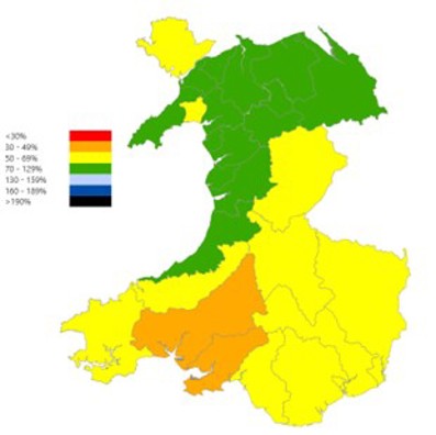 Map yn dangos Glawiad misol cyfartalog - Gorffenaf