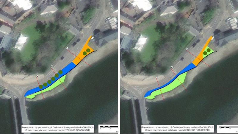 Two maps showing alternate designs for public spaces and placement of a flood wall at Cardigan Two maps showing alternate designs for public spaces and placement of a flood wall at Cardigan