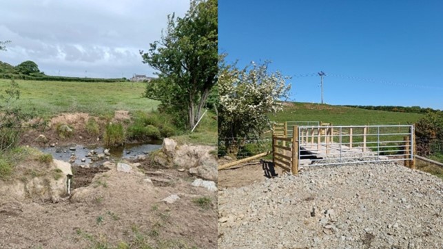 Gwaith adfer afon yn dangos cyn ac ar ôl gosod croesfan afon