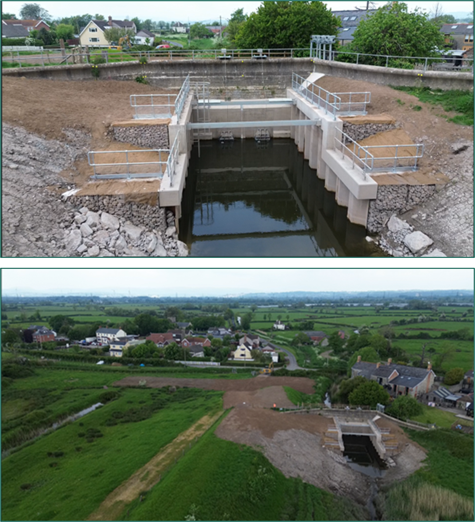 Close up and aerial photos of the outfall construction, showing a large ditch with strengthened walls.